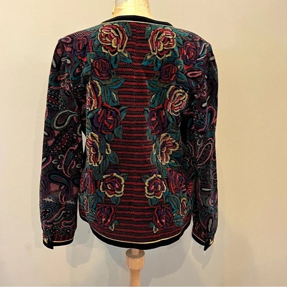 Vintage Japan Velvet Artsy Floral Blazer Jacket Gold Button Roses Sz 10 Black - Picture 3 of 12
